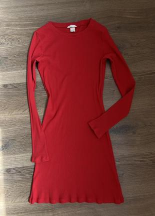 Червона сукня h&m в рубчик довгий рукав s бавовна2 фото