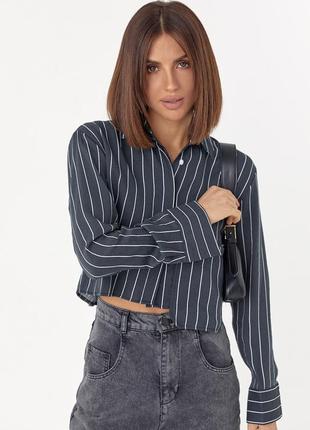 Рубашка женская укороченная в полоску с акцентным карманом черная l8 фото