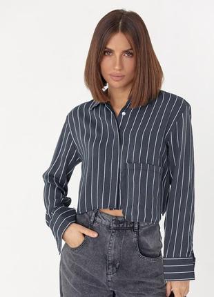 Рубашка женская укороченная в полоску с акцентным карманом черная l1 фото
