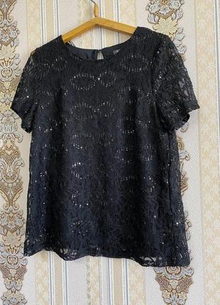 Стильная черная блуза с пайетками, кружевная футболка блузка