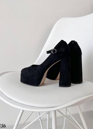Трендовые женские туфли на каблуке, черные, экозамша9 фото