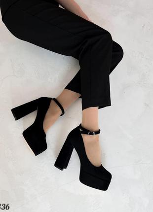 Трендовые женские туфли на каблуке, черные, экозамша5 фото