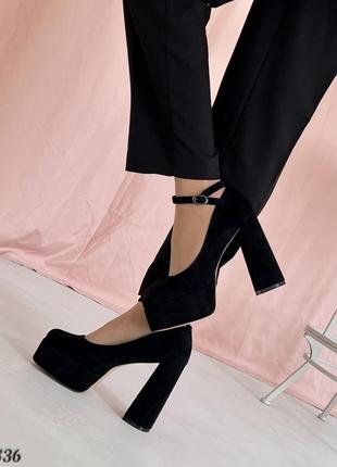 Трендовые женские туфли на каблуке, черные, экозамша6 фото