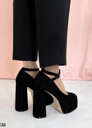 Трендовые женские туфли на каблуке, черные, экозамша3 фото