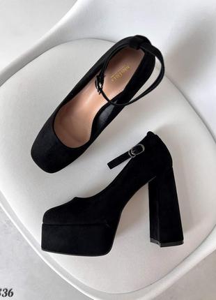 Трендовые женские туфли на каблуке, черные, экозамша2 фото