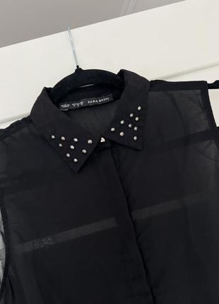 Черная прозрачная блуза zara xs с красивым воротничком6 фото