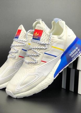 Чоловічі кросівки  adidas zx 2k boost 2.0  білі з синім\ червоні1 фото