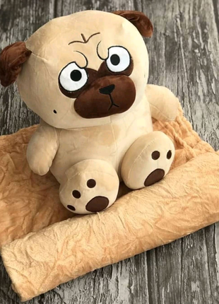 Мягкая игрушка с пледом собака мопс (игрушка+подушка+плед)4 фото