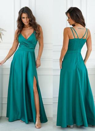 Платье вечернее шёлковое с разрезом 7512 зелёный2 фото