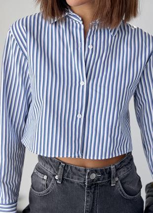 Женская укороченная рубашка в синюю полоску, полосатая короткая рубашка l1 фото
