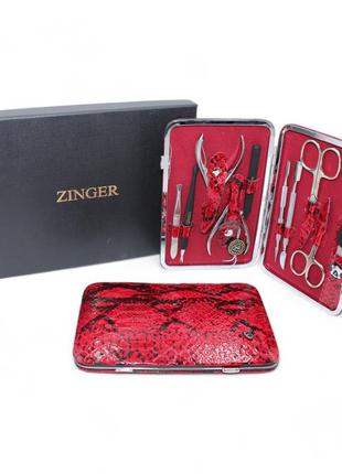 Манікюрний набір жіночий zinger 10 інструментів зінгер для манікюру шкіряний футляр червоного кольору