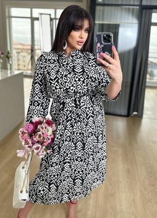 Женское легкое нарядное весеннее базовое платье миди талия на кулиске софт принт больших размеров батал5 фото