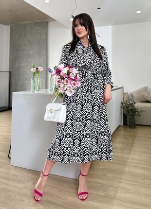 Женское легкое нарядное весеннее базовое платье миди талия на кулиске софт принт больших размеров батал4 фото