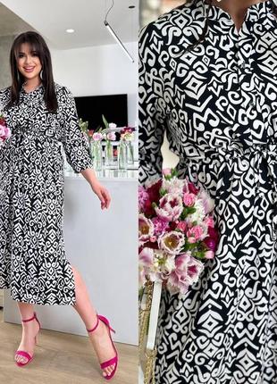 Женское легкое нарядное весеннее базовое платье миди талия на кулиске софт принт больших размеров батал3 фото