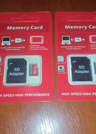 Картка пам'яті microsd 64gb клас 10 + адаптер нова мікросхема