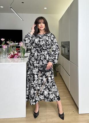Женское легкое нарядное весеннее базовое платье миди талия на резинке софт принт больших размеров батал5 фото