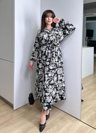 Женское легкое нарядное весеннее базовое платье миди талия на резинке софт принт больших размеров батал6 фото
