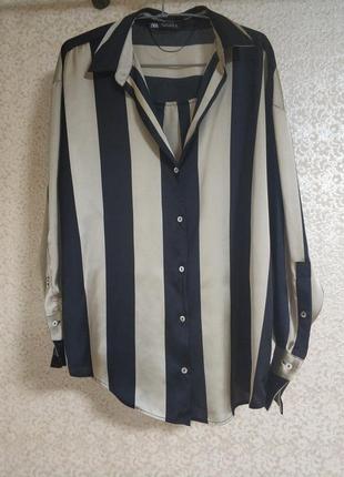 Zara стильна сатинова атласна сорочка рубашка смужка оверсайз бренд зара zara, р.l6 фото