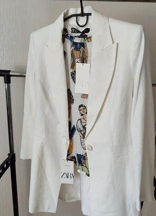 Білий подовжений піджак із змішаного льону  zara розмір м оригінал new collection