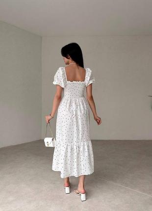 Женственное летнее платье с резинкой на груди, женское платье миди, белое платье в мелкий горох3 фото