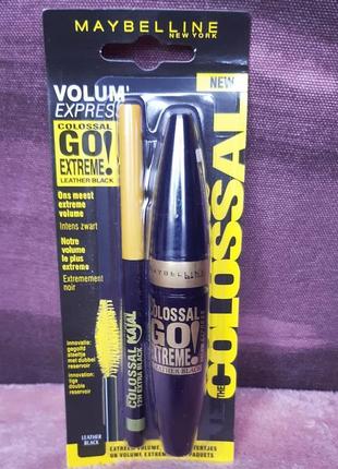 Туш для вій maybelline colossal go extreme leather black + олівец