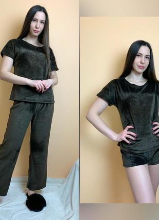 Женская пижама тройка / одежда для дома: брюки, шорты, футболка
