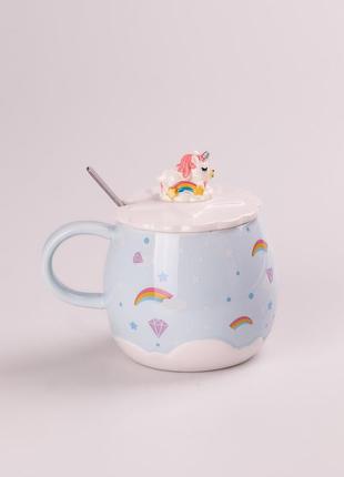 Чашка керамічна для чаю та кави rainbow блакитна (400 мл) красива керамічна чашка з кришкою і ложкою