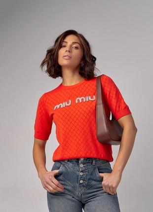 Женская яркая трендовая футболка в стиле miu miu с бусинами4 фото