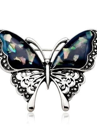 Брошка метелик сріблястий чорний2 фото