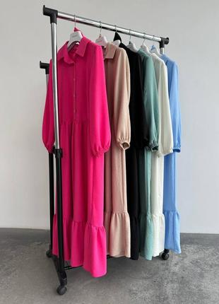 Сукня міді з довгими рукавами вільного крою з поясом плаття на ґудзиках з комірцем стильна базова біла блакитна чорна рожева зелена бежева10 фото