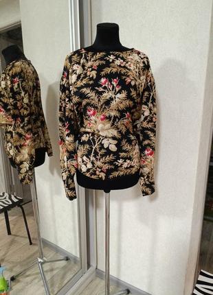 Блуза цветочная с розами оригинальный принт летающая мышь с объемными рукавами h&amp;m в виде ретро винтажа