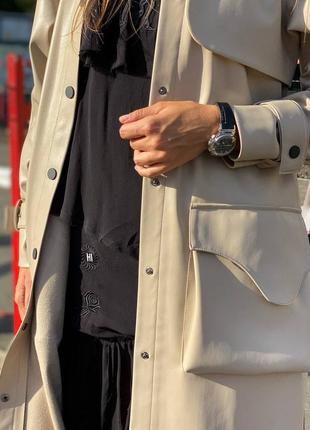 Есть видео тренчкот плащ эко кожа длинный с поясом беж черный