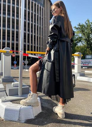 Есть видео тренчкот плащ эко кожа длинный с поясом беж черный