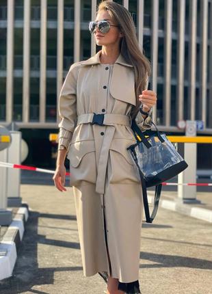 Есть видео тренчкот плащ эко кожа длинный с поясом беж черный