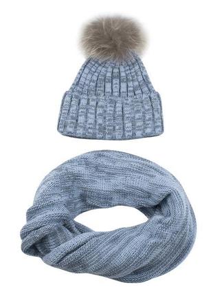 Зимний демисезонный вязаный комплект шапка с меховым помпоном и шарф снуд
