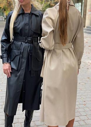 Есть видео тренчкот плащ эко кожа длинный с поясом беж черный