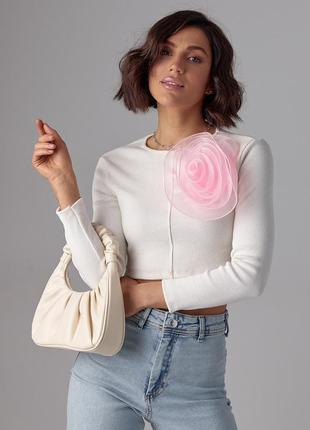 Короткий джемпер в рубчик з об'ємною квіткою - рожевий цвет, l (є розміри)