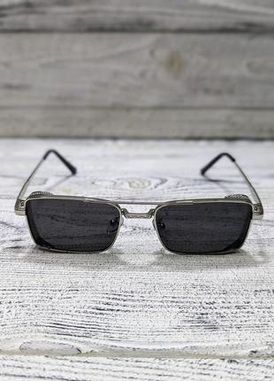 Солнцезащитные очки мужские, прямоугольные, черные в серебристой  металлической оправе ( без брендовые )2 фото