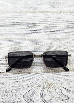 Солнцезащитные очки мужские, прямоугольные, черные в серебристой  металлической оправе ( без брендовые )6 фото