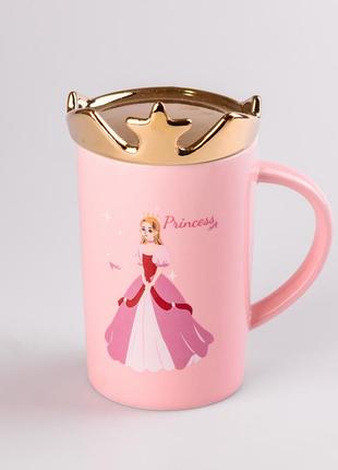 Керамическая чашка princess с крышкой обьемом 400 мл розовая чашка на подарок для кофе для чая2 фото