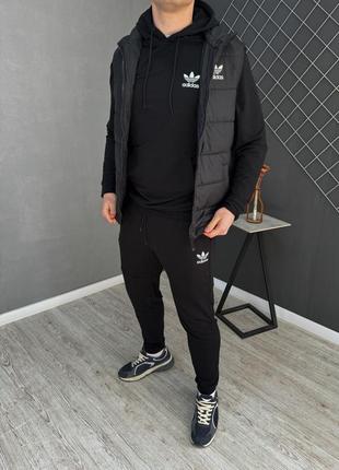 Комплект 3в1 демісезонний костюм чорний худі/штани  + жилетка adidas