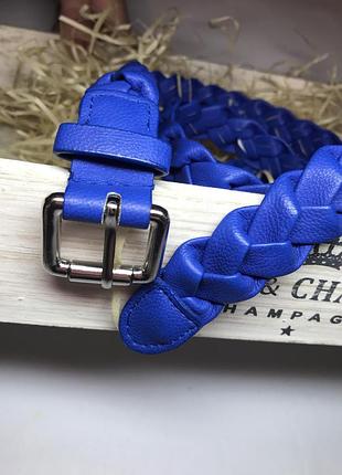 Красивый,длинный,синий пояс с плетением косы,кож.зам.