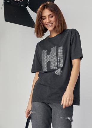 Трикотажная футболка с надписью hi из термостраз2 фото