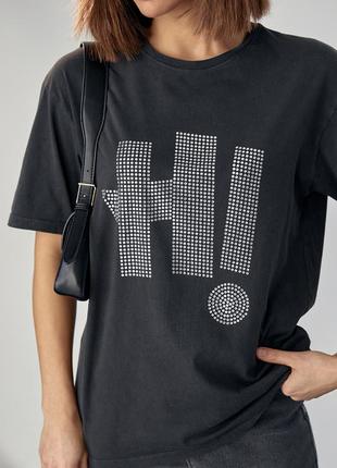 Трикотажная футболка с надписью hi из термостраз9 фото