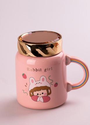 Кружка керамическая 420 мл cute girl с крышкой на резьбе, розовый