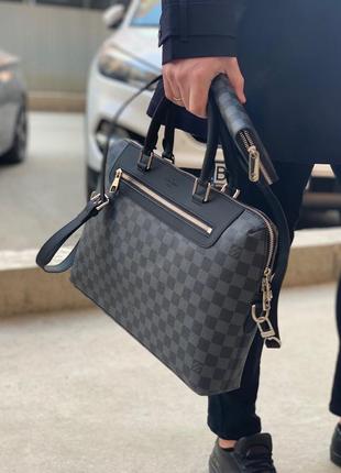 Портфель мужской деловой сумка ноутбука канва кожа брендовый клетка серый черный2 фото