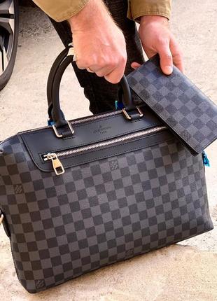 Портфель мужской деловой сумка ноутбука канва кожа брендовый клетка серый черный5 фото