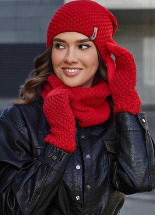 Жіночий комплект з рукавичками і бафом (червоний)5 фото