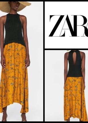 Длинное платье zara с вышивкой бисером и стеклярусом горчичного цвета размер м