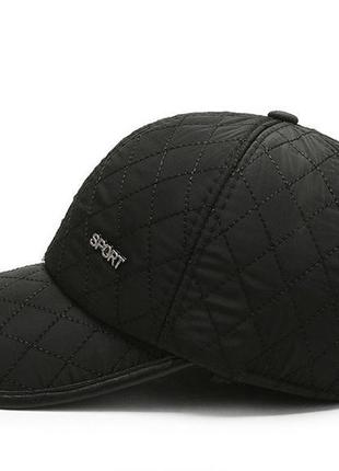 Зимова тепла бейсболка кепка з вухами стьобана чорна sport4 фото